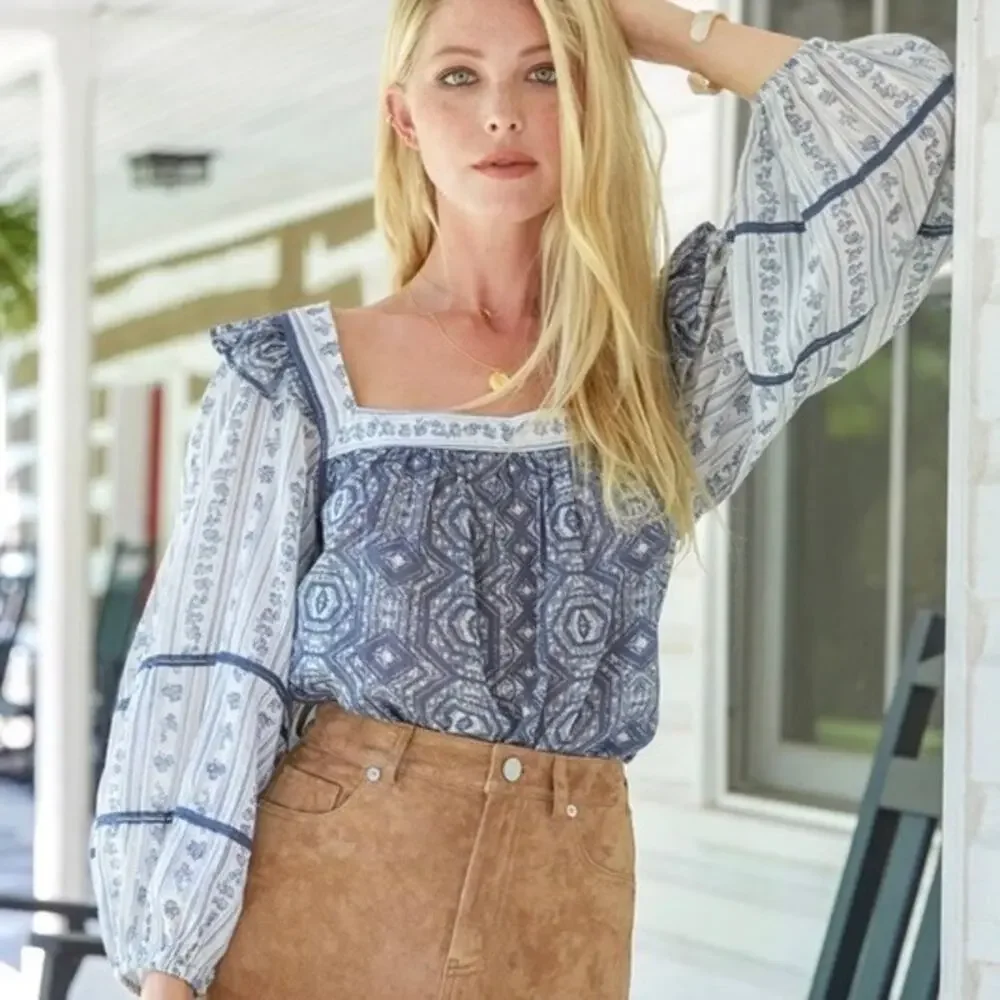 NWT Free People Mostly Meadow Blue Ivory Long Puff Sleeve Square Neck Top Size L
